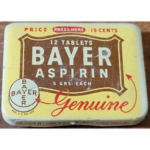 2 x Vintage Bayer Aspirin Tins 12 Tablets Empty Metal Advertising Cases